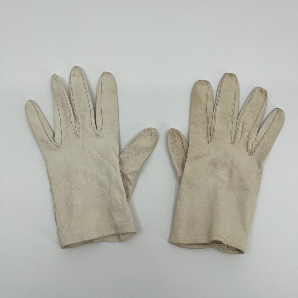 Vtg‎ White Kid Leather Driving Gloves Womens 7 Short Wrist Dress Tea Party Femme